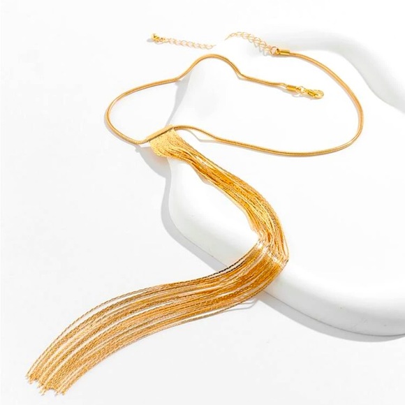 Gold Plated Tassel Fringe Long Statement Necklace - Picture 4 of 6